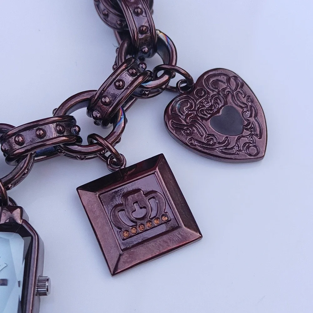 Kathy Van Zeeland Bronze Chunky Charm Bracelet Watch Fleur-de-Lis Crown Heart
